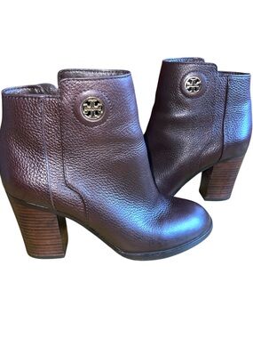 Tory Burch Brown Leather Ankle Booties Logo‎ Block Heel Size 7M